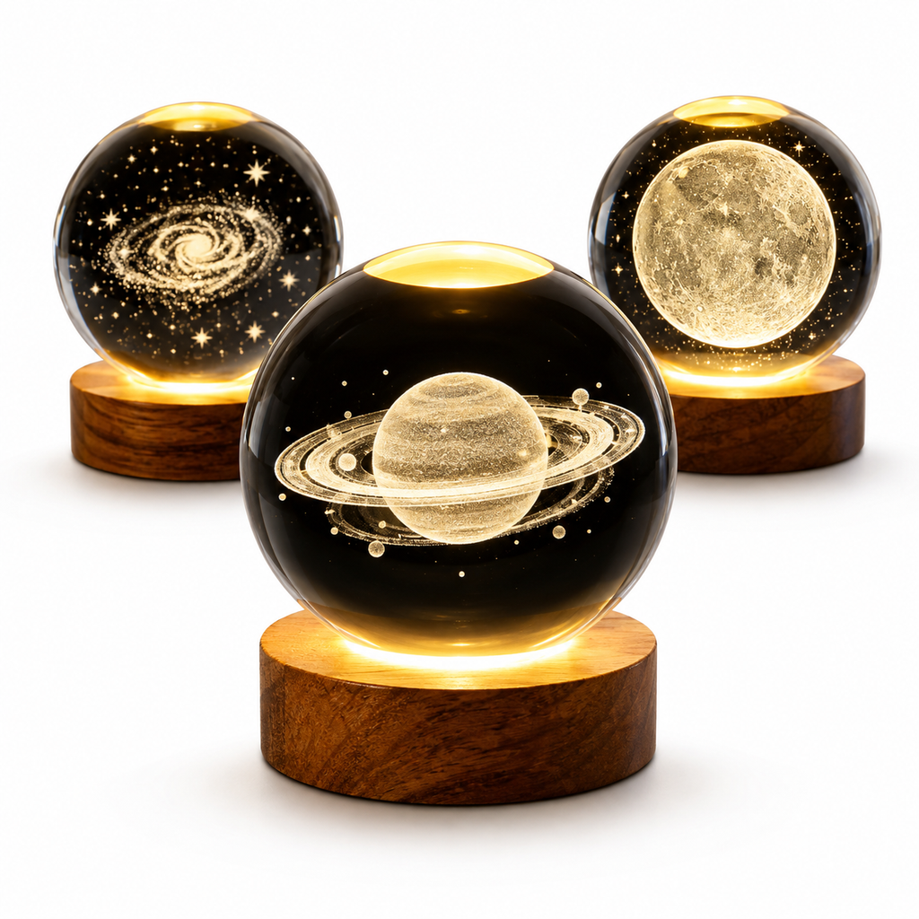 Lámpara Saturno 3D de Cristal con Base de Madera