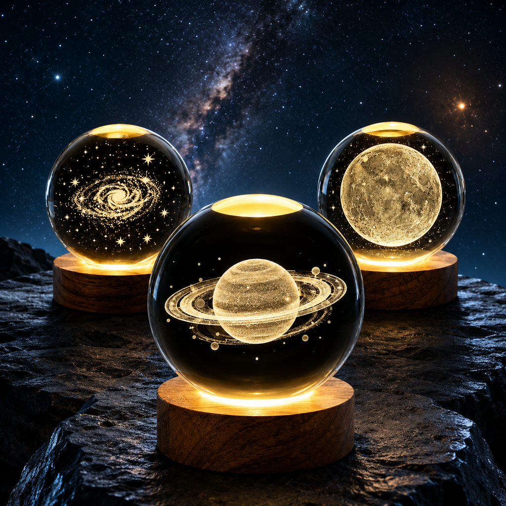 Lámpara Saturno 3D de Cristal con Base de Madera