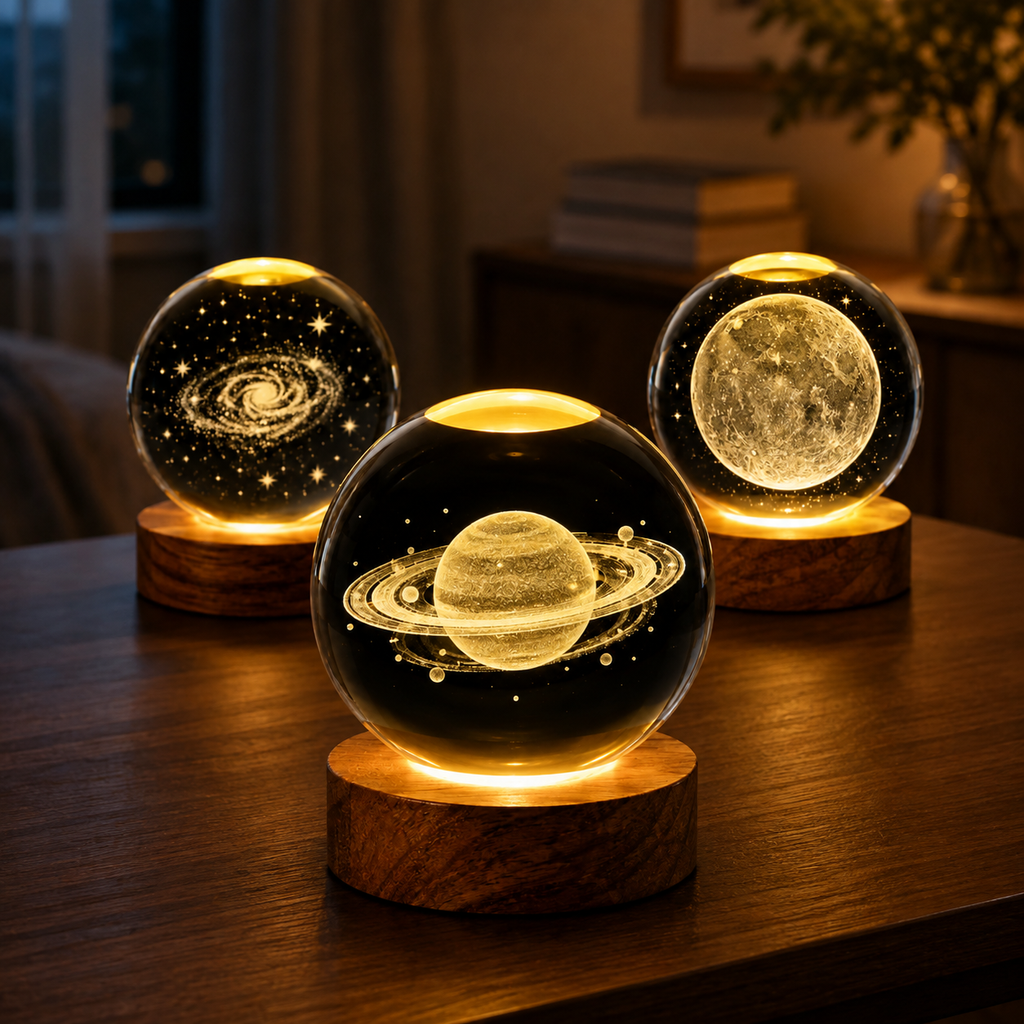 Lámpara Saturno 3D de Cristal con Base de Madera